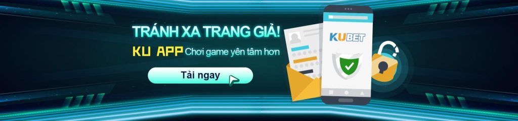 Banner tải KU App với hình minh họa điện thoại tài khoản người dùng và biểu tượng bảo mật của Kubet Vietnam